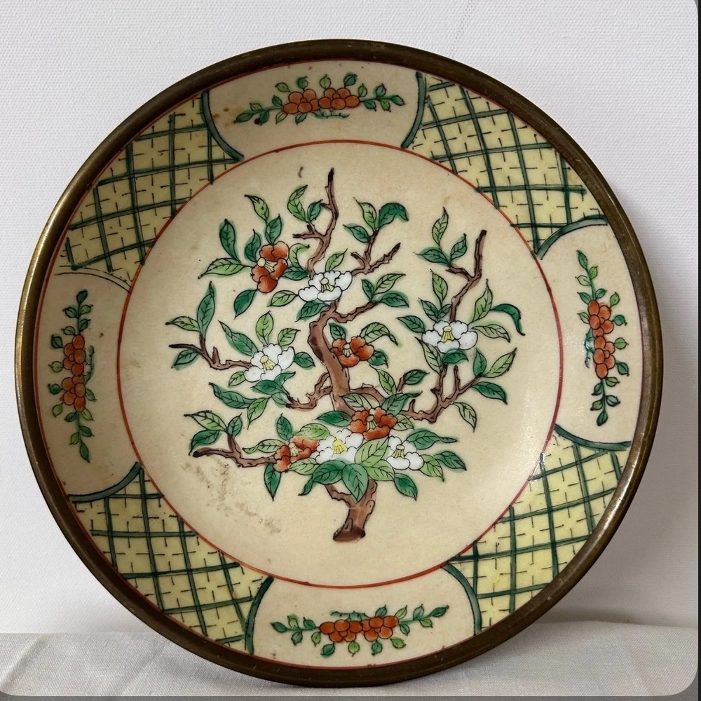 Vintage Floral Decorative Bowl with brass bottom